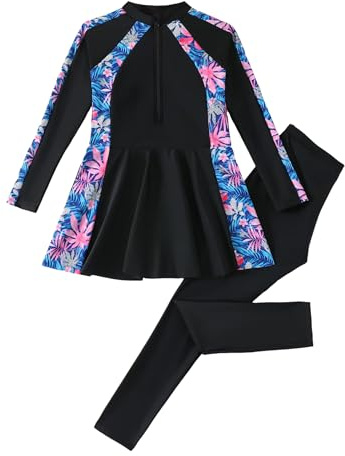 OBEEII Muslim Swimwear for Girls Long Sleeve Swimsuit Tropical Print Swimming Top with Pants 2pcs Rash Guard Kid Modest Bathing Suit for 8 to 12 Years Blue 8 Years