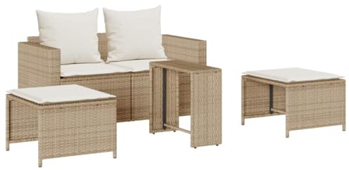 HETFTJN Salon de Jardin 5 Pcs, Ensemble Canapé Modulaire en Résine Tressée avec Coussin Lavable, Table et Tabouret Empilables pour Patio, Terrasse et Arrière-Cour, Beige
