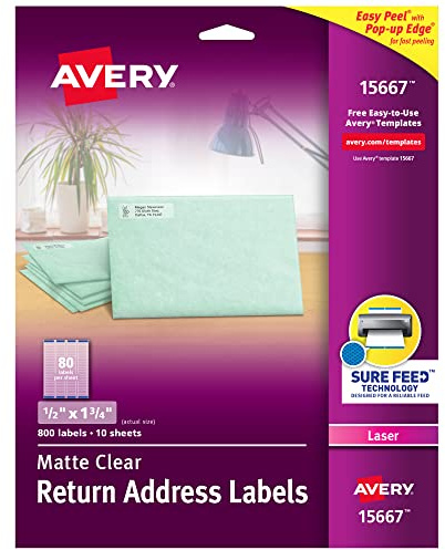 Avery® Printable Return Address Labels, Sure Feed® Technology, 0.5 x 1.75, Matte Clear, 800 Blank Mailing Labels (15667)
