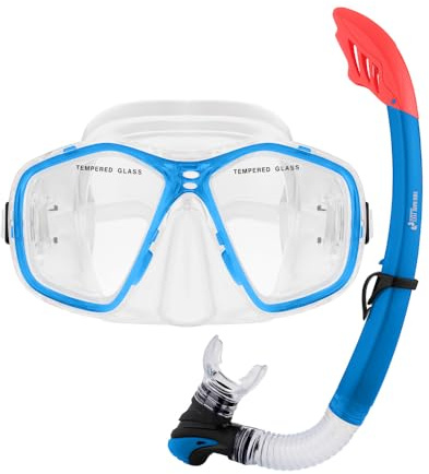 Two Bare Feet Adult PVC Snorkel & Mask Set – Anti-Fog Tempered Glass Diving Mask with Adjustable Snorkel for Snorkelling, Swimming & Scuba Diving (Aqua)