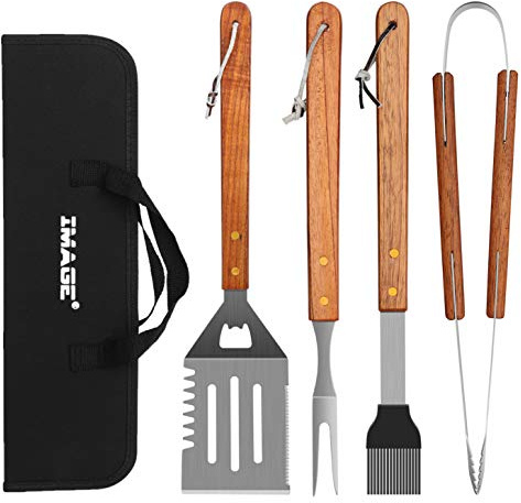 IMAGE Wooded BBQ Accessories Grilling Tools,Stainless Steel BBQ Tools Grill Tools Set for Cooking, Backyard Barbecue & Outdoor Camping Gift for Man Dad Women Barbecue Enthusiasts Set of 4