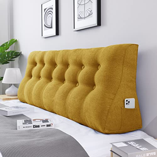 VERCART 55cm Hoches Dickes Rückenkissen Lang Keilkissen Rückenlehne Kissen Großes Wandkissen Lesekissen Nackenstüzkissen Lendenkissen für Bett Kopfteil Gepolstert mit Waschbar Bezug Leinen Gelb 180cm