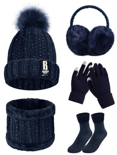 Voqeen 5PCS Womens Winter Scarf Set Knitted Thickend Hat Scarf Set Plush Ear warmers Touch Screen Gloves Thermal Socks For Skiing Outdoor Sports