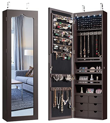 COSTWAY Armoire à Bijoux Murale avec Miroir, Inclus 5 Lumières LED, Emplacement pour Boucles d'Oreiller,Bracelets,Bag etc. Installable sur Mur ou Porte, 36,5 x 11,5 x 120 cm (Marron)