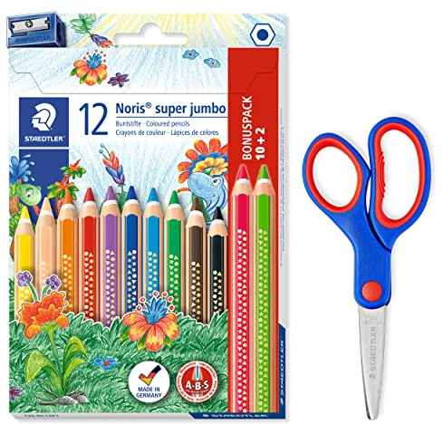 STAEDTLER extra dicke Buntstifte Noris super jumbo mit ABS-System und Bastelschere Noris Club mit gerundeten Klingen, 12 Buntstifte inkl. Spitzer und 14cm Schere, 129 NC12P1X