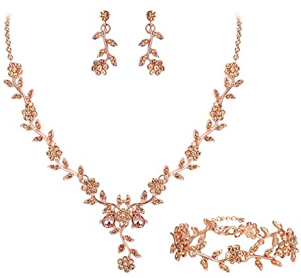 Clearine - Set di gioielli da sposa per donna per feste di fine anno, ciondolo floreale in cristallo, orecchini e bracciale, Moyen, Nessuna pietra preziosa