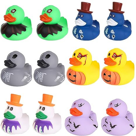 12pcs Halloween Rubber Ducks, 2 Inch Assorted Halloween Themed Rubber Ducks Rubber Ducks for Jeep Ducking Skeleton Pumpkin Bath Ducky Toy Decoration for Halloween Party Favors
