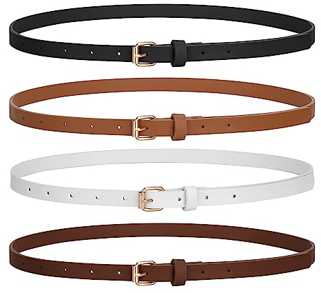 LEACOOLKEY 4 Stück Skinny Frauen Ledergürtel für Kleider Dünner Taillengürtel für Jeans Hosen mit Goldschnalle