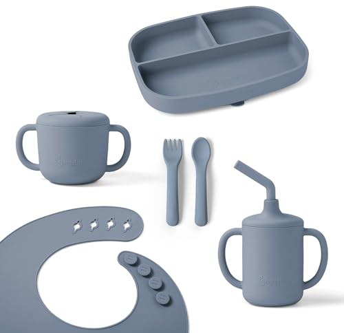 Ergobaby Deluxe barnservis för spädbarn och småbarn från 6 månader, barnservis med 2 koppar, bricka, haklapp och bestick, utan BPA, PVC och ftalater, Soft Blue