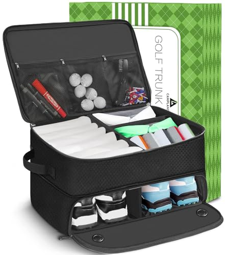 CAMPLAND 2 Layer Trunk Organizer, Waterproof Car Locker for 2 Pair Shoes, Durable Trunk Storage for Balls, Tees, Clothes, Gloves, Accessories, Golf Gifts