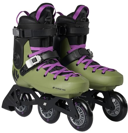 K2 Surge 100 3 Wheel Inline Skates for Men Women Adult, Unisex Urban Street Fitness Roller Skate Blades - Olive/Purple / M11 / W12