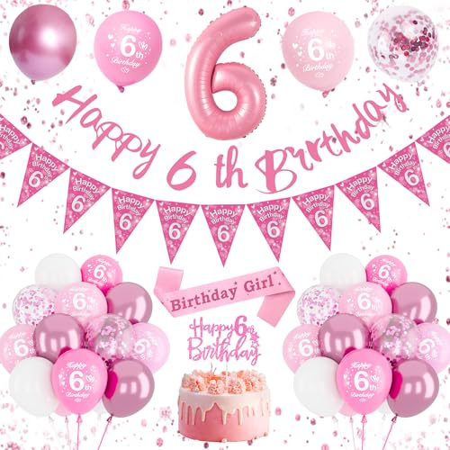 6:e Födelsedagsdekorationer - Rosa Ballonger, Grattis På Födelsedagen-Banner, Nummer 6 Bältessjal & Tårtdekoration För Flickor
