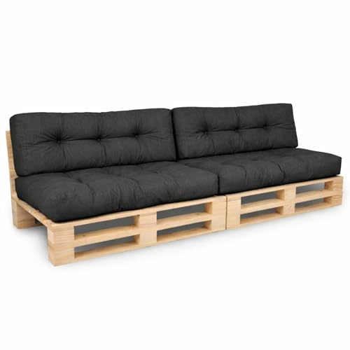bananair - Cuscini per Pallet - Tessuto Idrorepellente e Anti-UV - Confortevole, Imbottito in Schiuma - Cuscini per Divano Esterno Giardino (2 Sedili 120x80 cm + 2 Schienali 120x40 cm, Nero)