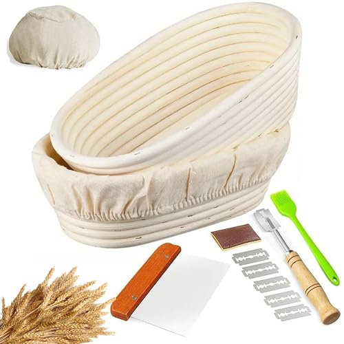 PAKSLAND 2 Packs Oval Shaped Banneton Proofing Basket Set – 100% Natural Rattan -Sourdough Bread Proofing Basket Banneton with Liner Cloth, Dough Scraper, Bread Scoring Lame, Silicone Basting Brush
