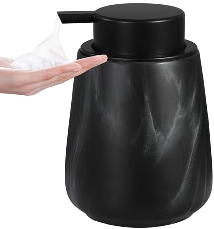 12Oz Foaming Hand Soap Dispenser - Ceramic Bathroom Foam Soap Dispenser with Easy-to-Press Black Pump, Refillable Lotion Hand Soap Dispenser, Dish Soap Dispenser for Kitchen, Marble Black