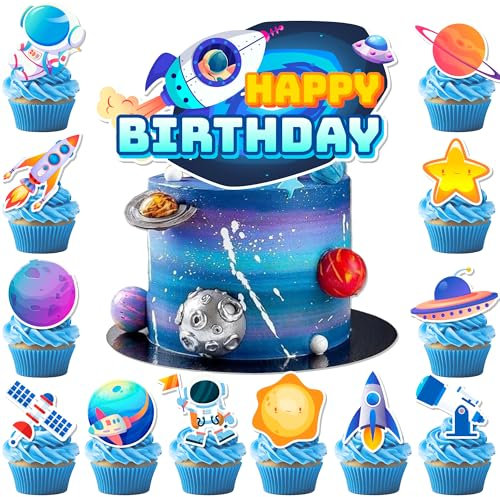 Decorazioni per Torte Spaziali,25pcs Decorazioni per Cupcake Spaziali/Cupcake Topper Astronauti&1pcs Spazio Decorazioni Torta Compleanno/Decorazioni Torta Astronauta per Decorazioni per Feste Spaziali