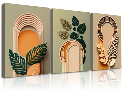 Piy Painting Art Mural Sur Toile,Impression Sur Toile De Feuilles, Tableau Mural Vert Orange, Grande Taille Pour Le Salon Bureau Café, Ensemble De 3 58X40 CM/ 58x120 CM