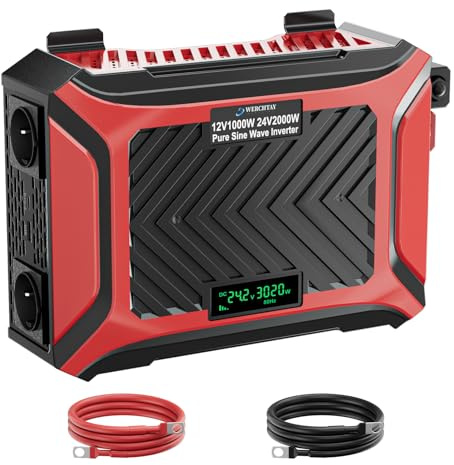 Universeller Doppel Spannungswandler 12V/24V auf 230V 1000W/2000W, Wechselrichter Reiner Sinus 2400W/4600W Spitzenleistung, mit intelligentem Erkennungssystem, für RV, Wohnwagen, Haushaltsgeräten