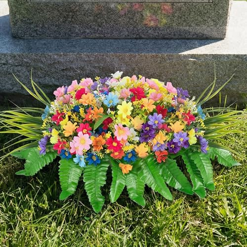 Memobloom Cemetery Flowers for Grave Fake: Spring Flowers for Cemetery Easter Colorful Artificial Wildflowers with Stake - Faux Silk Memorial Day Grave Decorations for Outdoor Gravesite