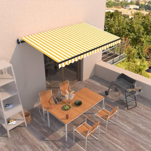 Brokky Toldo Motorizado 4 x 3.5 m con Mando a Distancia Toldo de Exterior Terraza Enrollable con Manivela Marco de Aluminio para Terraza, Jardín-Amarillo y blanco-400 x 350 cm