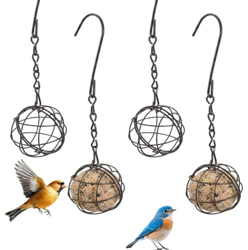 Pack of 4 Corn Ball Holder, Hanging Bird Feeder, Fat Ball Holder with Roof for Garden and Balcony, Black Metal Fat Balls Holder for Wild Birds, Feeder Silo for Birds