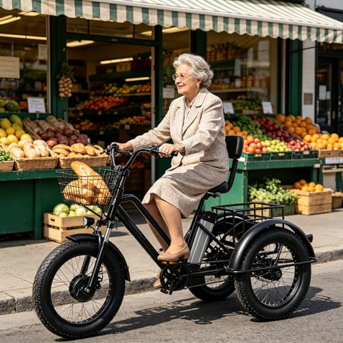 Tricycle électrique pour Adultes et Personnes âgées, vélo électrique Tout-Terrain à Gros pneus de 20 Pouces, Batterie Amovible 48 V 12 Ah, Charge maximale 200 kg