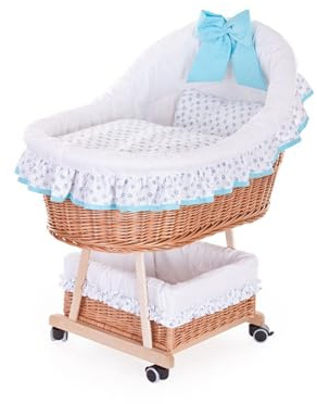 e-wicker24 Alles aus Weide Natural Wicker Cradle for Baby on Wheels Retro Wicker Bassinet with Canopy Rocking Crib with Basket for Baby Accessories Toddler Bed Stylish Baby Cot Bed