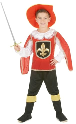 DEGUISE TOI - Déguisement Mousquetaire rouge garçon - Chapeau - Chemise - Pantacourt - 2 sur-bottes - S 4-6 ans (110-120 cm) - Rouge - Déguisements enfants - 100% Polyester - Lavage à la main -