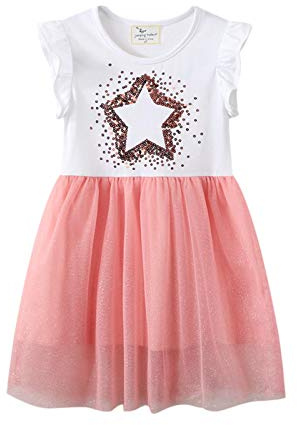 Kfnire - Abiti casual in jersey di cotone per ragazze e bambine, abiti trendy a maglietta con stampe a tema animali, pois, strisce, unicorni, 3-4 Anni