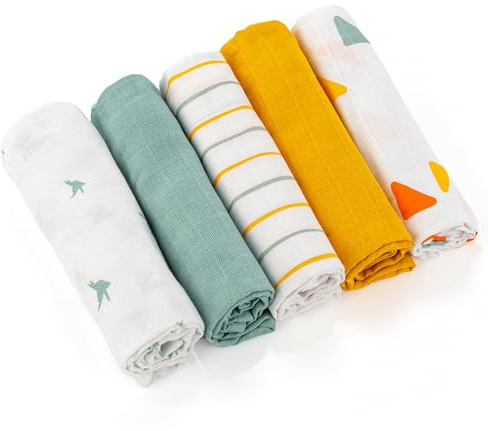 LaLoona Muslin Cloths for Baby 5-Pack 70x70 cm – Soft & Colorful Muslin Squares, 100% Cotton, OekoTex Certified, Ideal as Reusable Diapers, Spit-Up Cloths & Swaddles - Multi-Colour