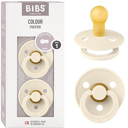 BIBS Colour Soother 2-Pack, BPA Free Dummy Pacifier, Round Nipple. Natural Rubber Latex, Made in Denmark, Size 1 (0-6 Months), Ivory