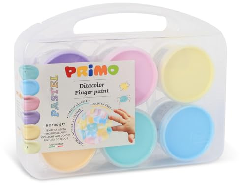 PRIMO - Valigetta Colori per Bambini +2 Anni Prima Infanzia, Tempere per Dipingere a Dita 100g 6 Colori Pastello per Carta Vetro, Tempera per Cartoleria e Lavoretti Creativi Dermatologicamente Testata