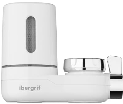 Filtro de Agua para Grifo Ibergrif, Sistema de Filtración de Agua del Grifo (1 Filtro Incluido), Filtra Cloro, Sedimentos y Metales Pesados, Apto para la Mayoría de Grifos, Blanco,M91007