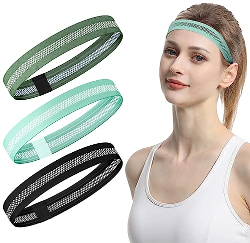 LOPHE Sport Haarband, 3 Stück Elastische Stirnband Damen und Herren, Dünn Schweißband Stirn Double Sided Feuchtigkeit rutschfest Headband, Haarbänder für Yoga Laufen Fußball (Schwarz + Grün + Blau)