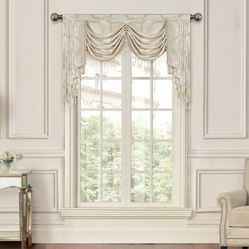 TOPLUXE Swag Valance for Windows, Damask Waterfall Valance with Tassels, Short Curtain for Bedroom Living Room Kitchen, Rod Pocket (Width 150cm, Light Khaki)