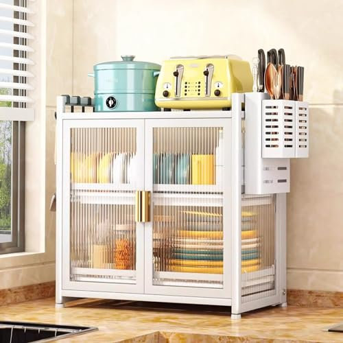 Dish Drying Rack with Storage Cabinet, Countertop Bakers Rack, Double Door Dish Rack, with Knife Holder, Chopstick Bucket, Hook (Color : A)