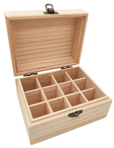 Anktily Förvaringslåda i obehandlat trä med 12 fack, 15 x 12 x 9 cm, omålad trälåda med gångjärnslock för små souvenirer, smycken, förvaringslåda