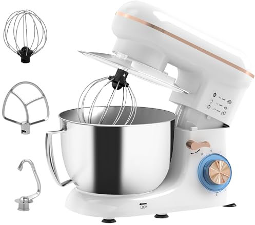 HOMCOM Stand Mixer, 4.5L Food Mixer for Baking, 6 Speeds and Pulse Setting, 1300W Cake Electric Whisk with Dough Hook, Whisk, Stainless Steel Bowl, Splash Guard, Beater, White