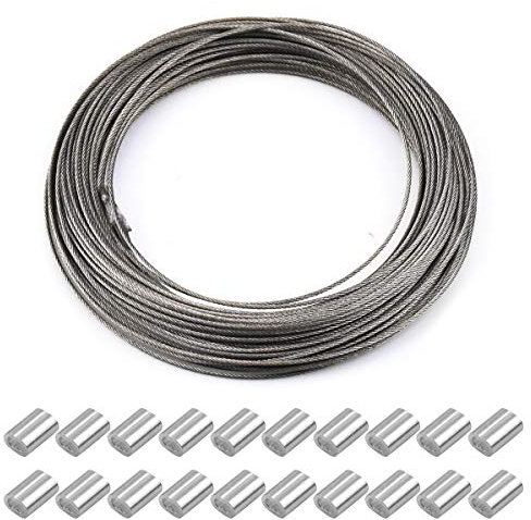 Kioiner 1.5 mm x 30 m Stainless Steel Wire Rope with 20 Aluminum Crimping Sleeves, Heavy Duty, for Picture Hanging, Clothes Line, Garden Fence