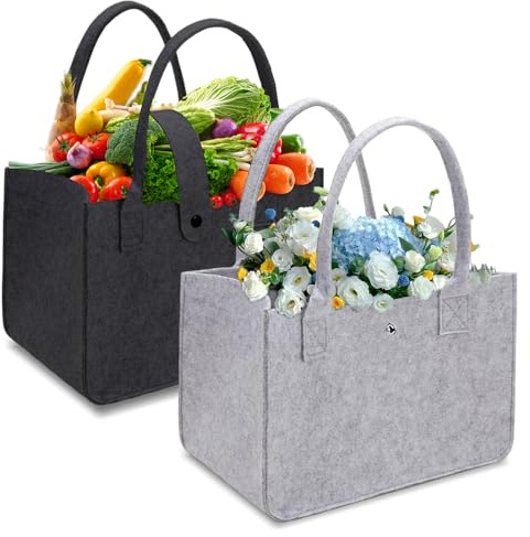 GOIEHIR Borsa in feltro, 2 pezzi, pieghevole, in feltro, 30 x 20 x 18 cm, in feltro, grande capacità, borsa in feltro, borsa shopper per shopping, picnic, conservazione, nero/grigio, Schwarz Grau