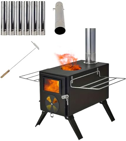 Les-Theresa Portable Wood Burning Camping Stove With Chimney Pipes Tent Wood Burner Stove Detachable Camping Log Burner Fire Stove For Grill, Picnic, Hunting, Tent