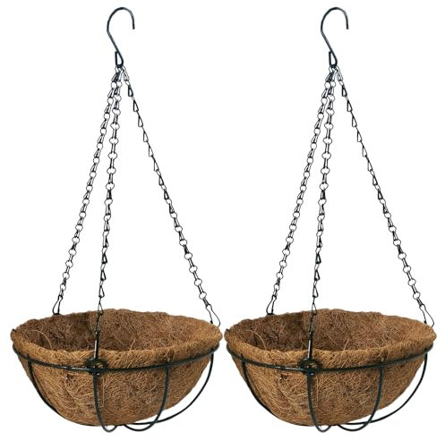 LWINGFLYER 2PCS Metal Hanging Basket Coconut Palm Flower Basket 10'' Round Metal Hanging Flower Pots for Garden Porch Balcony Patio Home Garden