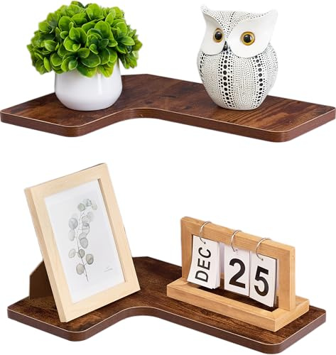Gieanoo Hörnhyllor, set med 2 40 cm hörnhyllor väggmonterade rustika hängande hyllor i trä för display och förvaring, L-formad vägghylla för badrum sovrum kök vardagsrum (brun)