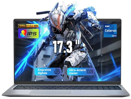Ordinateur Portable 17,3 Pouces, 16Go RAM 512Go SSD Celeron N5095 Grande Autonomie Écran IPS 180°, PC Portable Déverrouillage Empreinte Digitale, Laptop Type C USB3.0 HDMI BT Pour Bureau Études