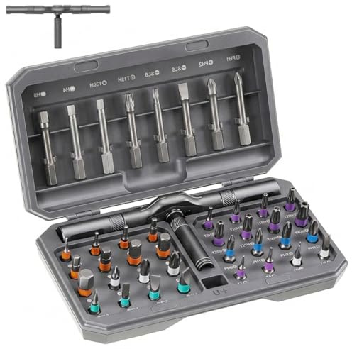 Set Cacciavite a Cricchetto 42 in 1, Cacciavite di Precisione Magnetico con 40 Punte S2, Impugnatura a T Modulare con 3 Prolunghe, Kit Mini Attrezzi con Scatola per Elettronica, Orologi, Mobili e Fai
