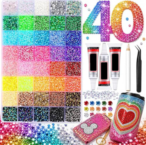 Lot de 32 000 pierres strass pour ongles, 40 couleurs de 3 mm, pierres à paillettes, pour le bricolage, le nail art, avec pince à épiler et stylo, peinture diamant, livre de bricolage, maquillage