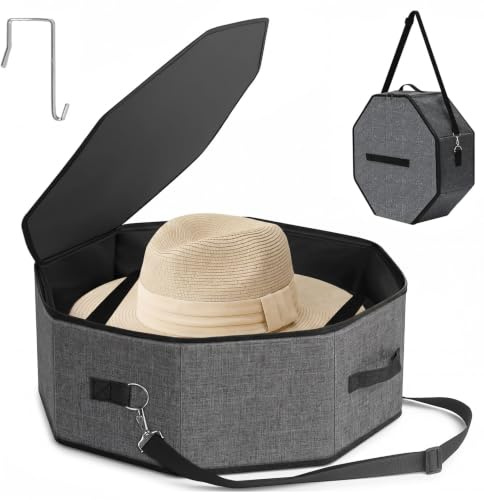 Dexpally Hat Boxes with Lids, Hat Storage Box for Travel, Foldable Portable Travel Hat Box, Unisex Cap Organizer Carrier Case with Shoulder Strap and Handles, for Cowboy Fedora