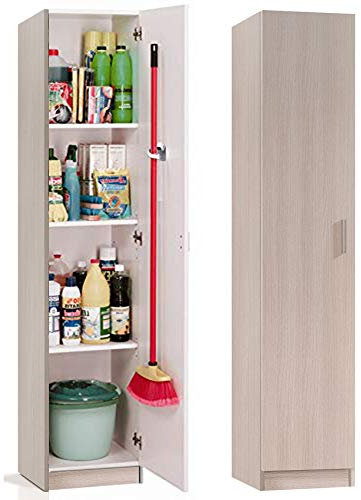 Armario Multiusos escobero acabado natural de181 x 37 con 4 Colgadores escoberos Incluidos , los estantes interiores a medida no chocan con la puerta cerrada, permiten tener las escobas colgadas