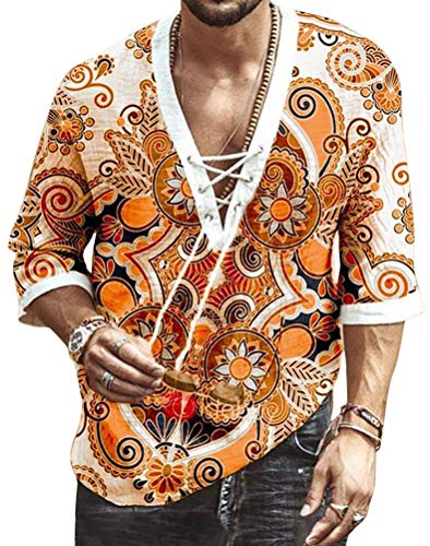 Onsoyours Hommes Chemises Solid Manches Longues Slim Fit Mode Oeil de Poulet à Lacets à Col en V pour Hommes Chemise à Manches Vintage Ample