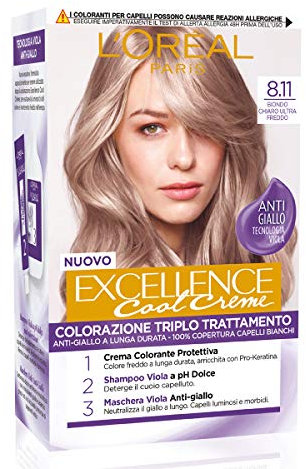 L'Oréal Paris Tinta Capelli Excellence Cool Creme, Copre i Capelli Bianchi, Colore Ricco dai Toni Freddi, 8.11